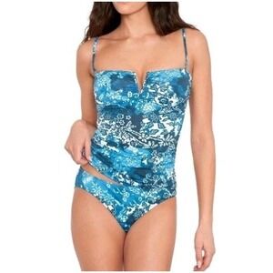 Lauren Ralph Lauren Women Indigo Patchwork V-Wire Bandeau Tankini Top Size US 6